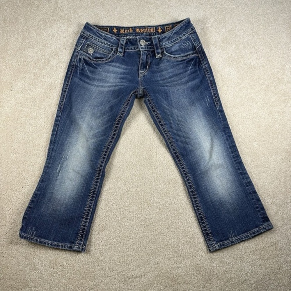 Rock Revival Capri Jeans Women 29 *28x19.5* Blue Denim Distressed - Picture 2 of 13